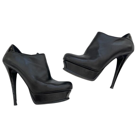 Yves Saint Laurent black leather patent heel ankle boots size 38 - Picture 1 of 14